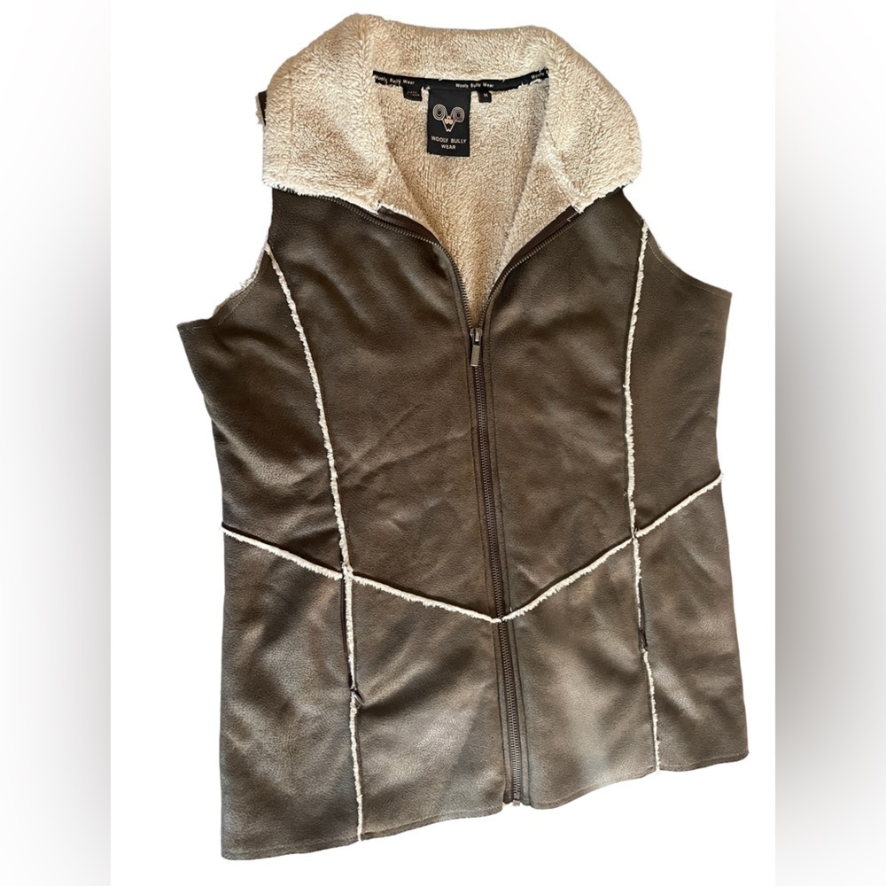 WOOLY Bully Sherpa Lined Faux Suede Vest Olive Green Medium - Picture 4 of 10